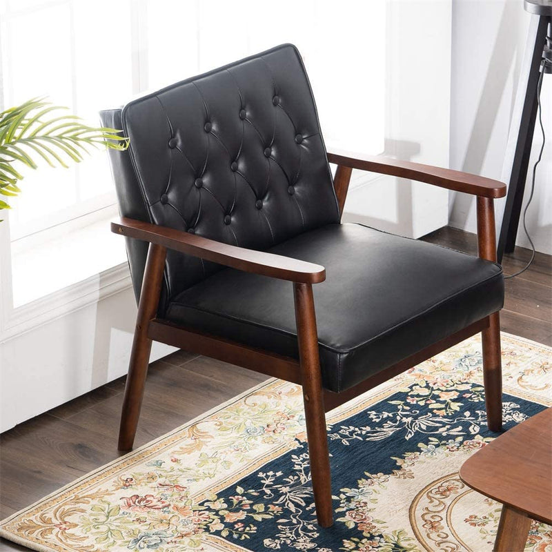 Mid-Century Accent Chair Retro Faux Leather Upholstered Wooden Lounge Chair