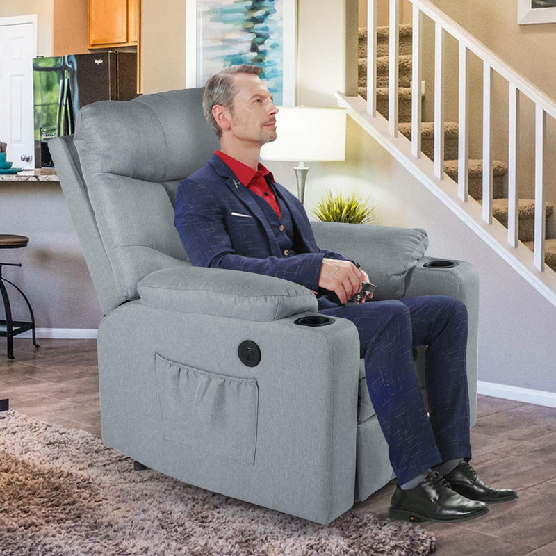 Power Lift Chair Electric Recliner for Elderly Heated Vibration Fabric Sofa Living Room Chair with 2 Side Pockets and Cup Holders, USB Charge Port & Remote Control, Gray