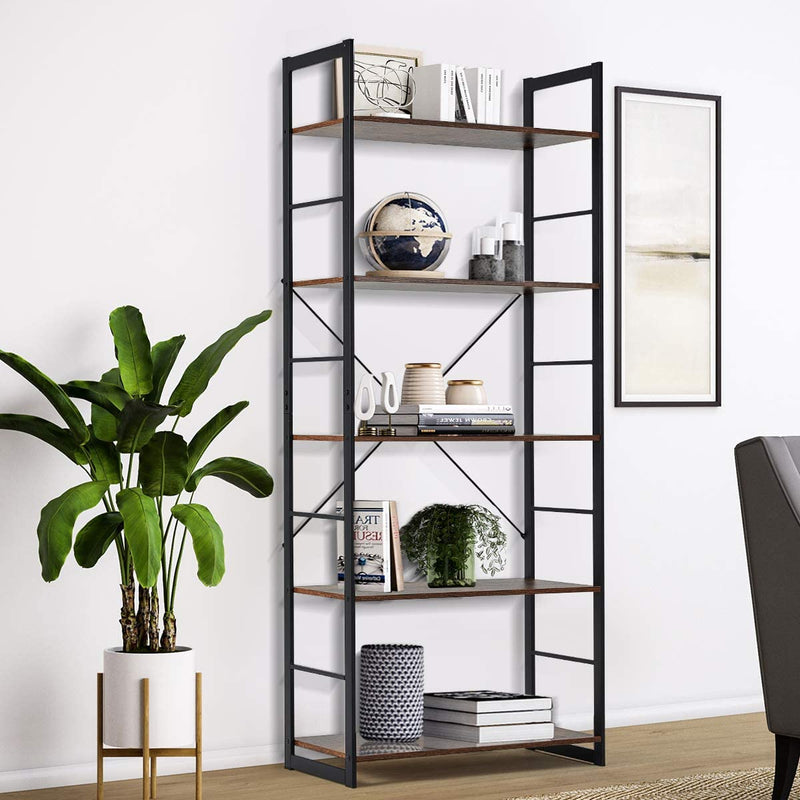 5 Tier Vintage Industrial Bookcase Shelf Storage Organizer Rustic Wood and Metal Frame Bookshelf for Home Office