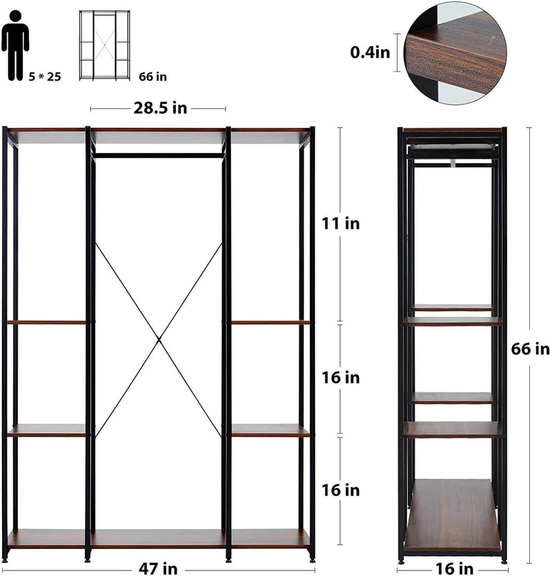 Garment Rack Freestanding Heavy Duty Closet Organizer Wardrobe Wood Clothing Shelves w/ Hanging Rod, Extra Large Armoire Storage Metal Clothing Rack