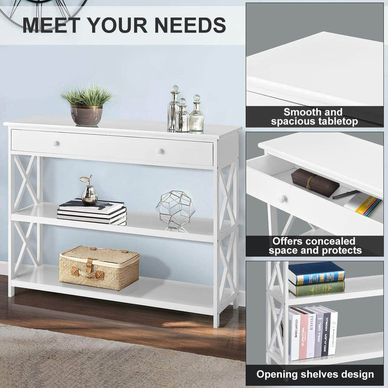 Console Table Sofa Table Entryway Table 3 Tiered Sofa Table Classic X Design with Drawer, Entryway Hall Table, Narrow Easy Assembly White