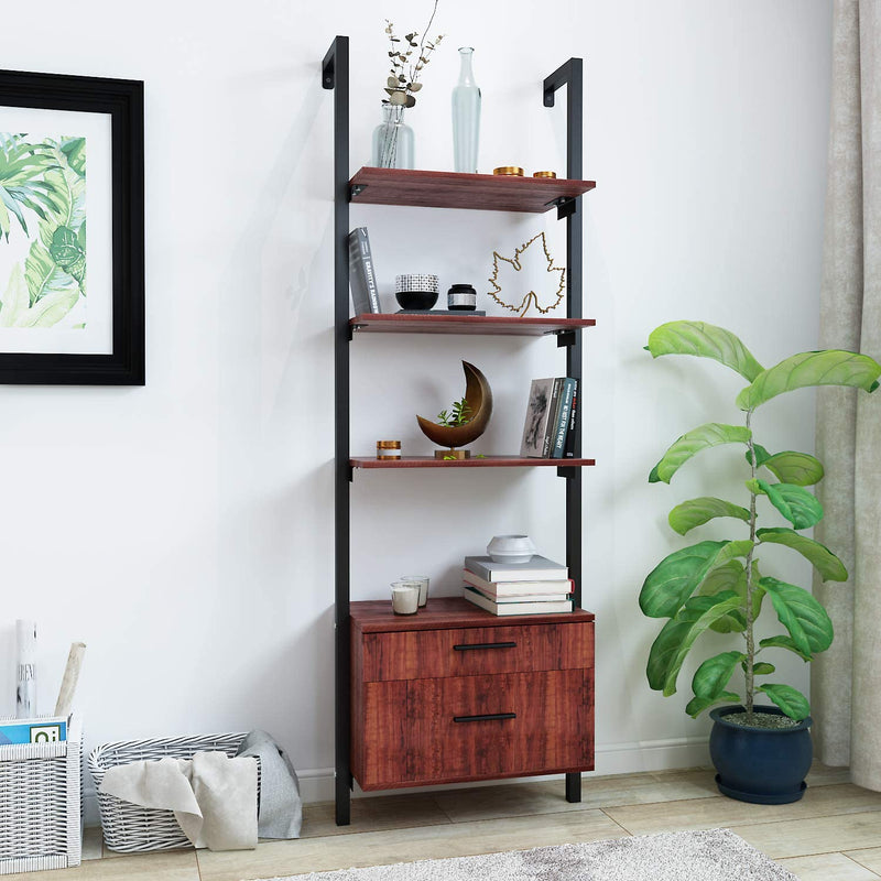 Wall Mounted Industrial 3-Tier Bookshelf with 2 Wood Drawers & Matte Steel Frame Ladder Shelf Bookcase, Black