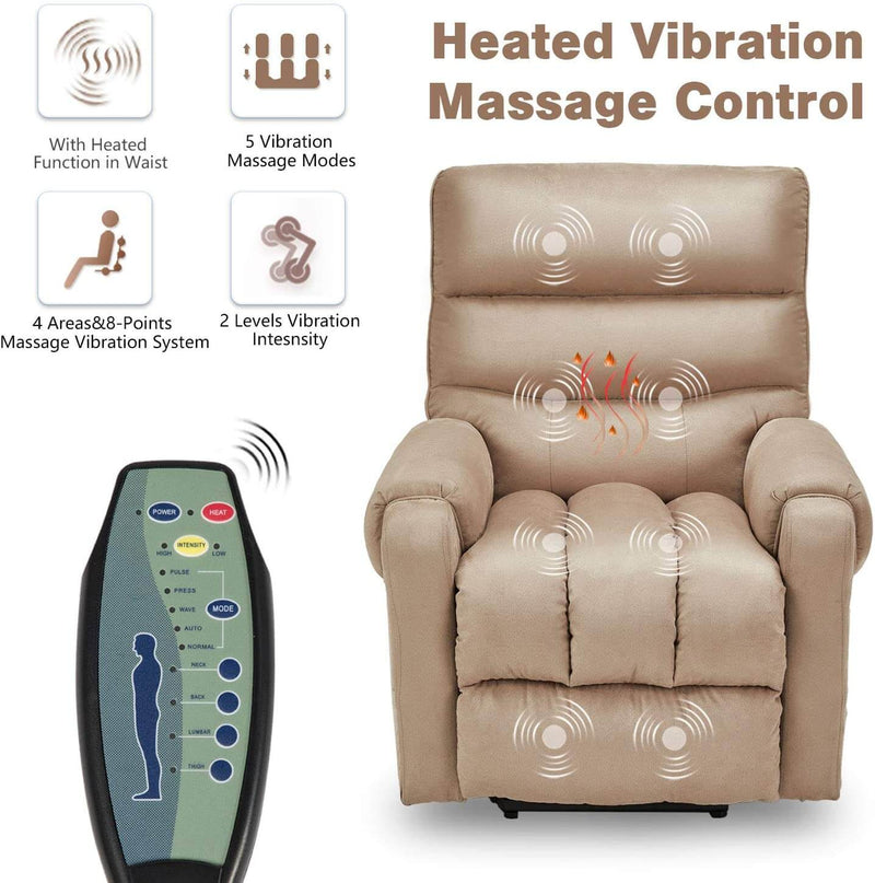 Electric Power Lift Recliner Chair Recliner Sofa for Elderly, Microfiber Recliner Chair with Heated Vibration Massage, 2 Side Pockets and USB Ports, Beige