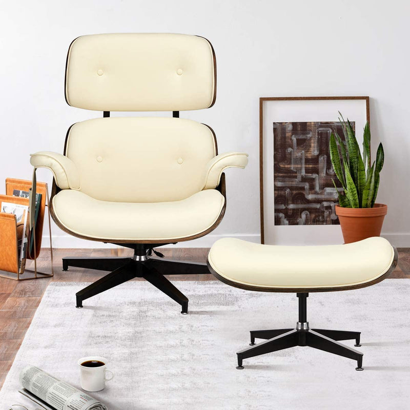 Mid Century Lounge Chair with Ottoman, Classic Lounge Chair Premium Faux Leather with Light Vibration Massage Function and Storage Bag（White)
