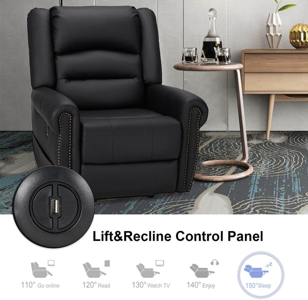 Power Lift Recliner Chair for Elderly, Faux Leather with Rivet Design Electric Recliner Chair with Heated Vibration Massage, Side Pockets & USB Port, Black