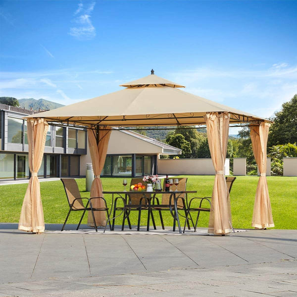 10 x 12 FT Double-Roof Softtop Gazebo Canopy, Outdoor Steel Frame Gazebo with Mosquito Netting, Beige