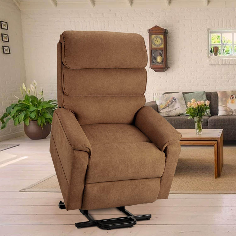 Dual Motor Electric Power Recliner Lift Chair Linen Fabric Electric Recliner for Elderly, Heated Vibration Massage Sofa with Side Pockets & Remote Control, Brown