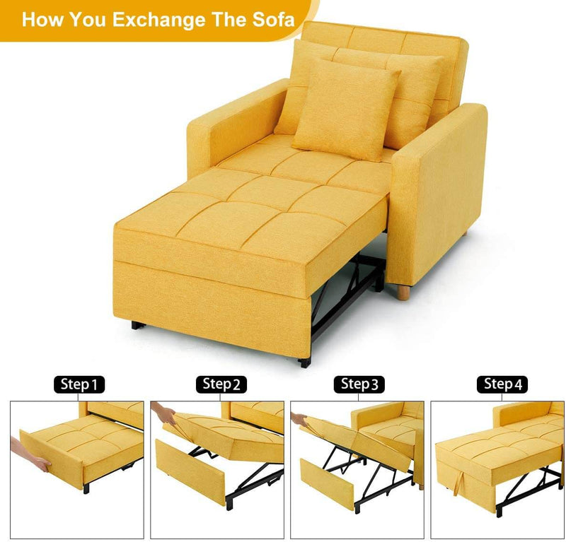 Sofa Bed 3-in-1 Convertible Chair Multi-Functional Adjustable Recliner, Sofa, Bed, Modern Linen Fabric, Yellow