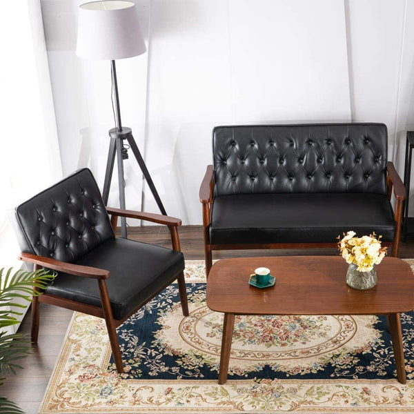 Mid-Century Accent Chair Retro Faux Leather Upholstered Wooden Lounge Chair Black Set