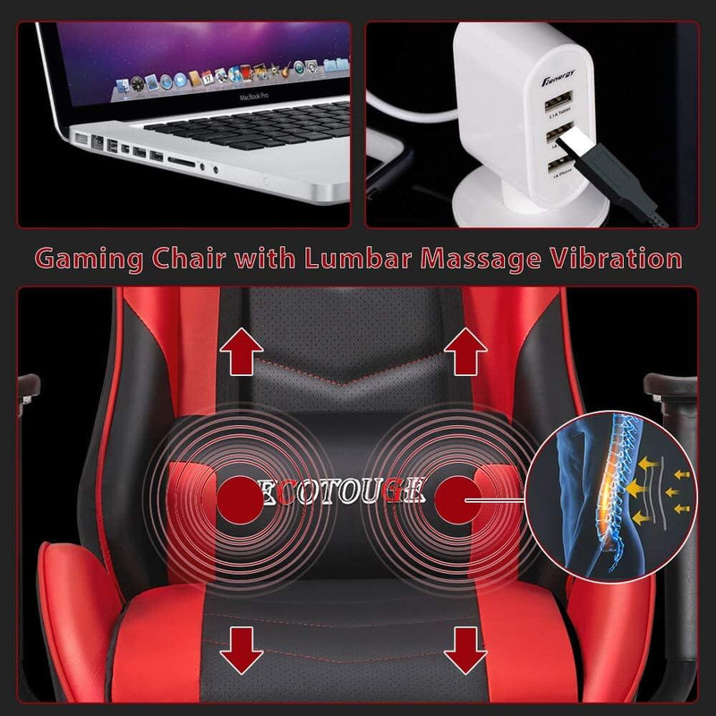 Gaming Chair Massage Ergonomic Office Chair High Back Computer Chair Racing PU Leather Recliner with Footrest, Black & Red