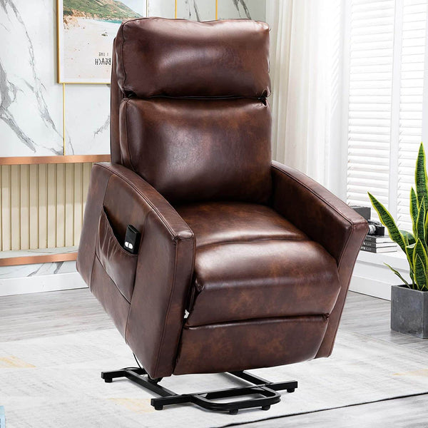Lift Recliner Chair, Overstuffed Lift Chairs for Elderly with Remote, 3 Position & Side Pocket, Power Reclining Chair for Living Room, Faux Leather, Red Brown