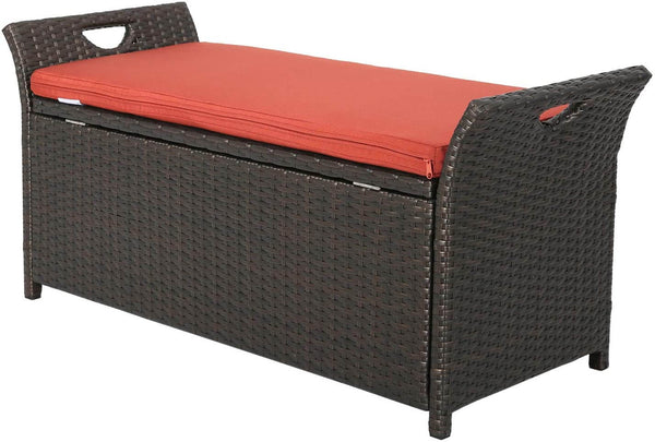 Outdoor Storage Bench with Wing Handles, Rattan Style Deck Box with Red Cushion