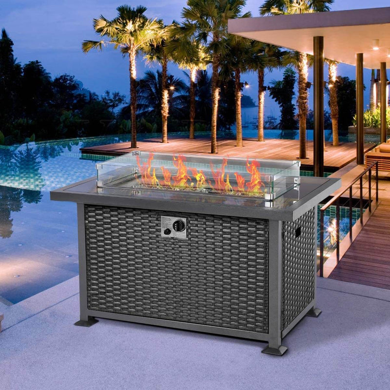 44in Propane Gas Fire Pit Table, Auto-Ignition Gas Firepit with Glass Windguard, Black Tempered Glass Tabletop & Glass Stone, Black Rattan