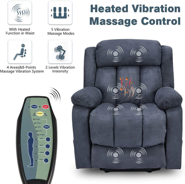 Power Lift Chair Electric Recliner Sofa for Elderly, Microfiber Electric Recliner Chair with Heated Vibration Massage, Side Pocket and USB Port, Blue Gray