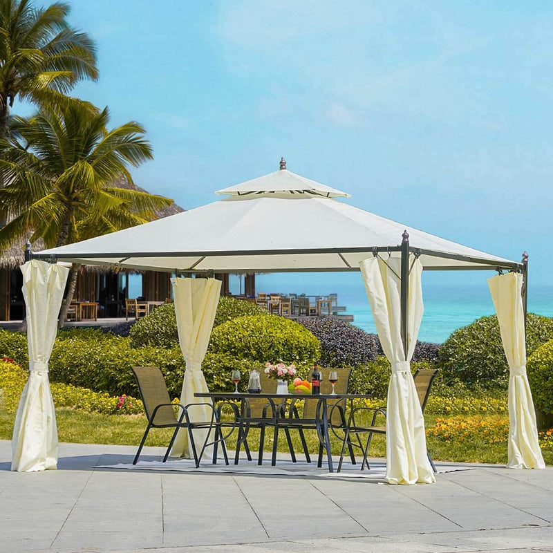 10 x 12 FT Double-Roof Softtop Gazebo Canopy, Outdoor Steel Frame Gazebo with Shade Curtains, Cream