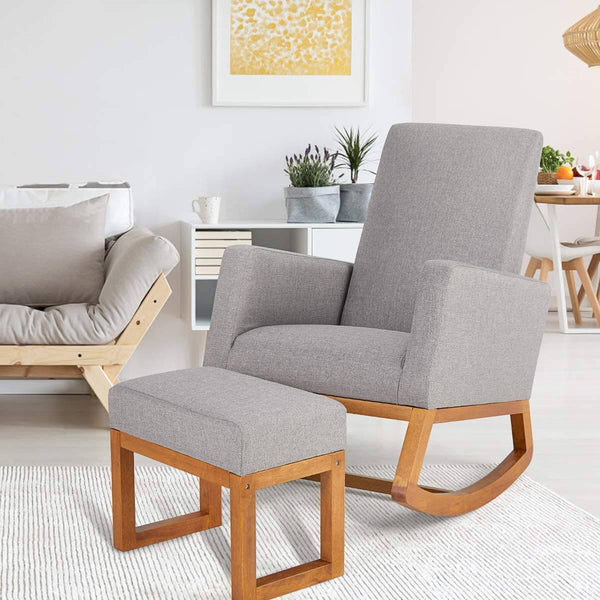 Rocking Chair, Mid Century Accent Chair, Glider Rocker with Ottoman, Seat Wood Base, High Back Linen Armchair,Gray