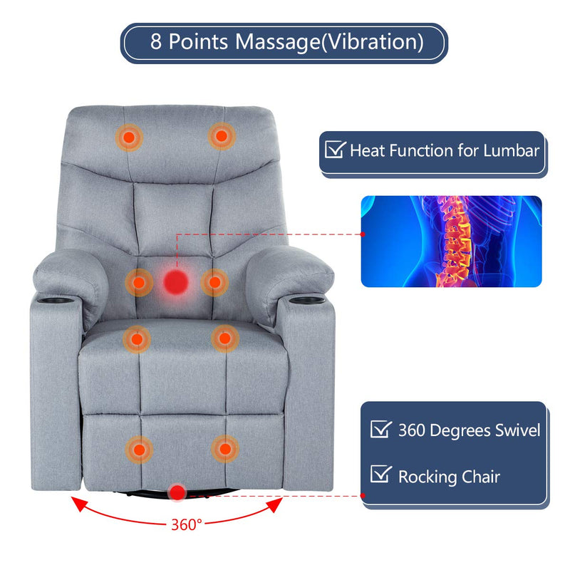 Grey Fabric Massage Recliner Chair 360 Degrees Swivel Heated Ergonomic Lounge Chair