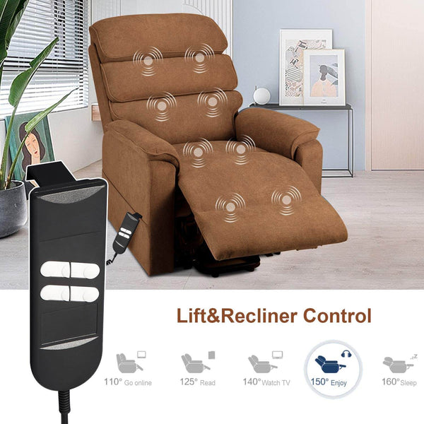 Dual Motor Electric Power Recliner Lift Chair Linen Fabric Electric Recliner for Elderly, Heated Vibration Massage Sofa with Side Pockets & Remote Control, Brown