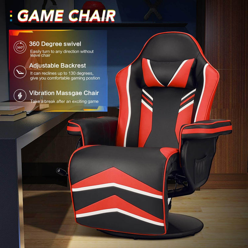 Gaming Chair Recliner Ergonomic Racing Chair with Vibration Massage Adjustable Backrest and Footrest, Swivel Faux Leather Office Chair, Red