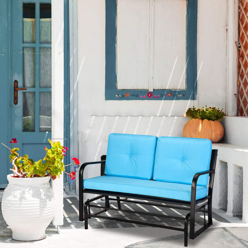 Outdoor Patio Glider Bench Swing Chair with Blue Removable Cushion