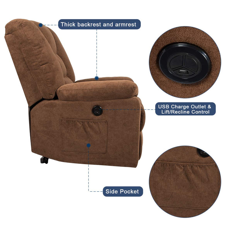 Microfiber Power Lift Electric Recliner Chair with Heated Vibration Massage Sofa Fabric Living Room Chair with 2 Side Pockets, USB Charge Port & Remote Control, Brown