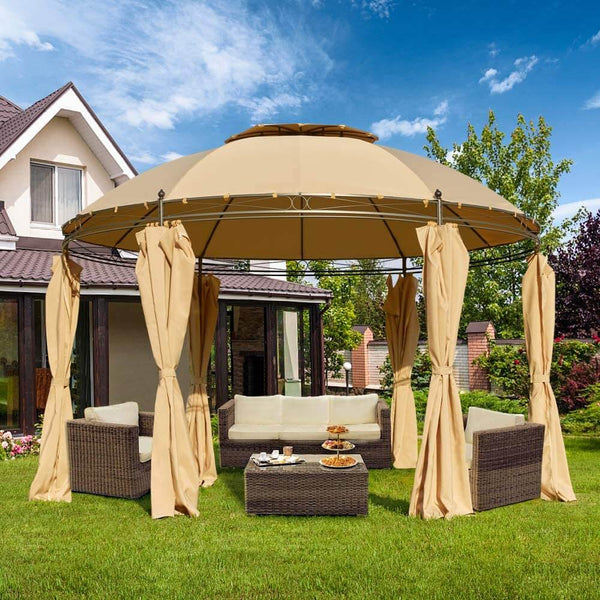 11.5ft Outdoor Patio Softtop Gazebo Steel Frame Round Gazebo Canopy Anti-UV Dome with Ground Stake & Removable Curtains, Beige