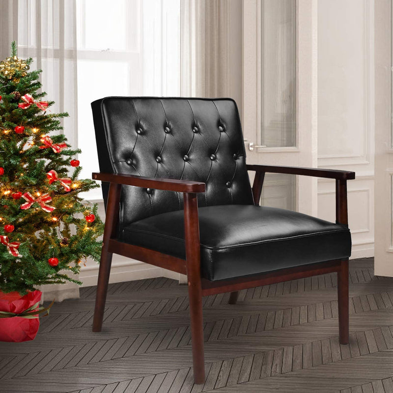Mid-Century Accent Chair Retro Faux Leather Upholstered Wooden Lounge Chair