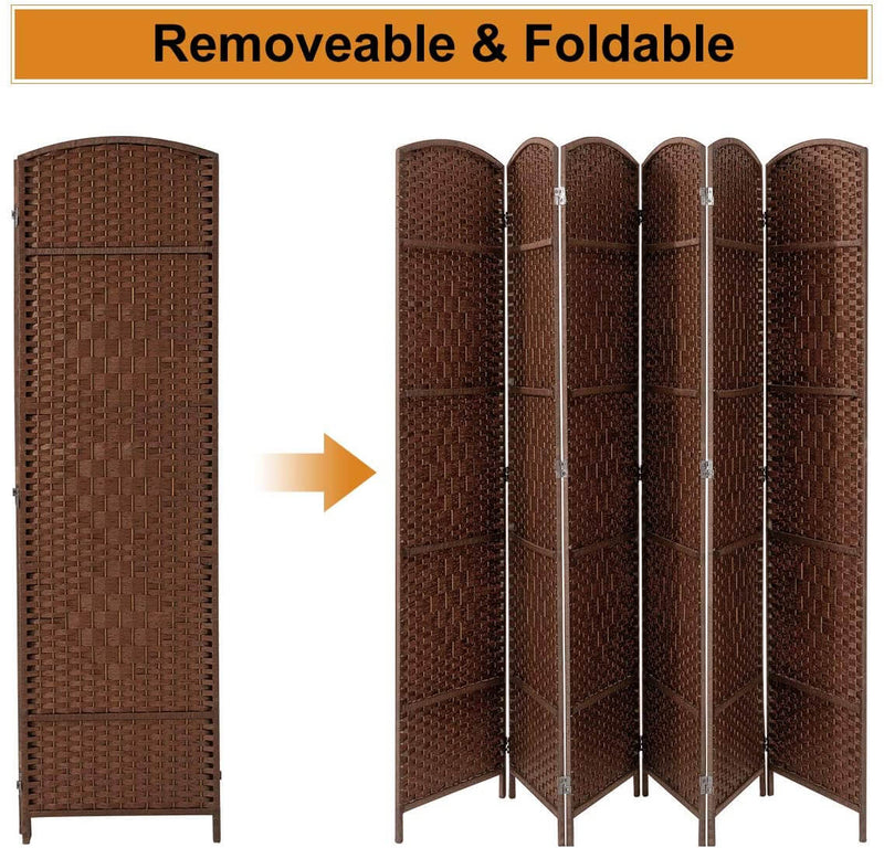 Room Divider,6 FT Tall Weave Fiber Room Divider,Double Hinged, 6 Panel Room Divider & Folding Privacy Screens, Freestanding Brown Room Dividers
