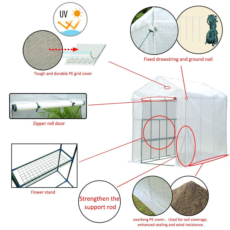 Walk-in Greenhouse, Plant Garden Greenhouse Indoor Outdoor , 2 Tier 6 Shelves Hot House for Flowers, Plants and Vegetables 56"x 84" x 77" White