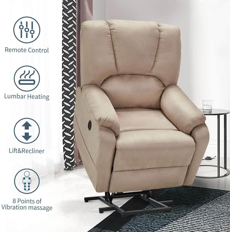 Electric Power Lift Recliner Chair Sofa with Massage and Heat for Elderly, Microfiber Recliner Chair with Side Pockets & USB Port, Beige