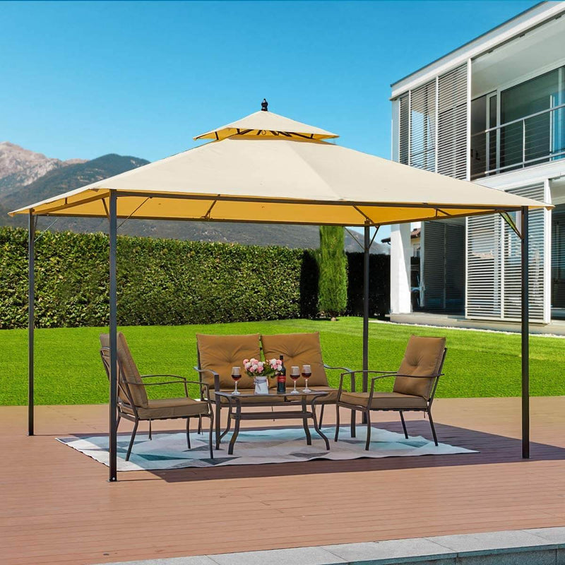 10 x 12 FT Double-Roof Softtop Gazebo Canopy, Outdoor Steel Frame Gazebo Tent for Patio or Deck, Beige