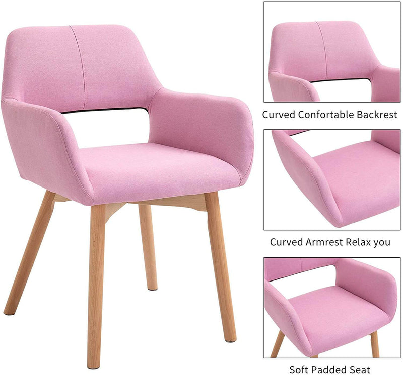 Modern Living Dining Room Accent Arm Chairs, Fabric Mid-Century Upholstered Seat with Solid Wood Legs, Pink
