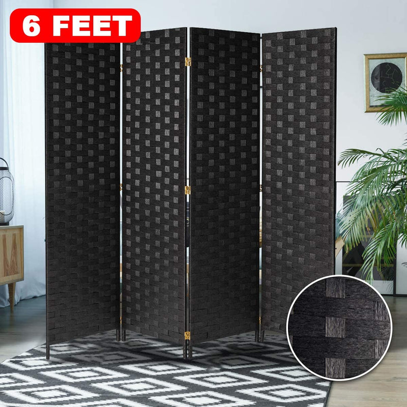 4 Panels Room Divider, 6 FT Tall Weave Fiber Room Divider, Double Hinged, Folding Privacy Screens, Freestanding Room Dividers, Black