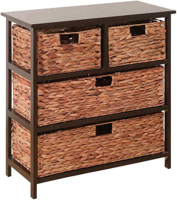 3 Tier with 4 Rattan Wicker Basket Storage Tower, Water Hyacinth Storage Tower Beside Table Storage Organizer End Table for Bathroom