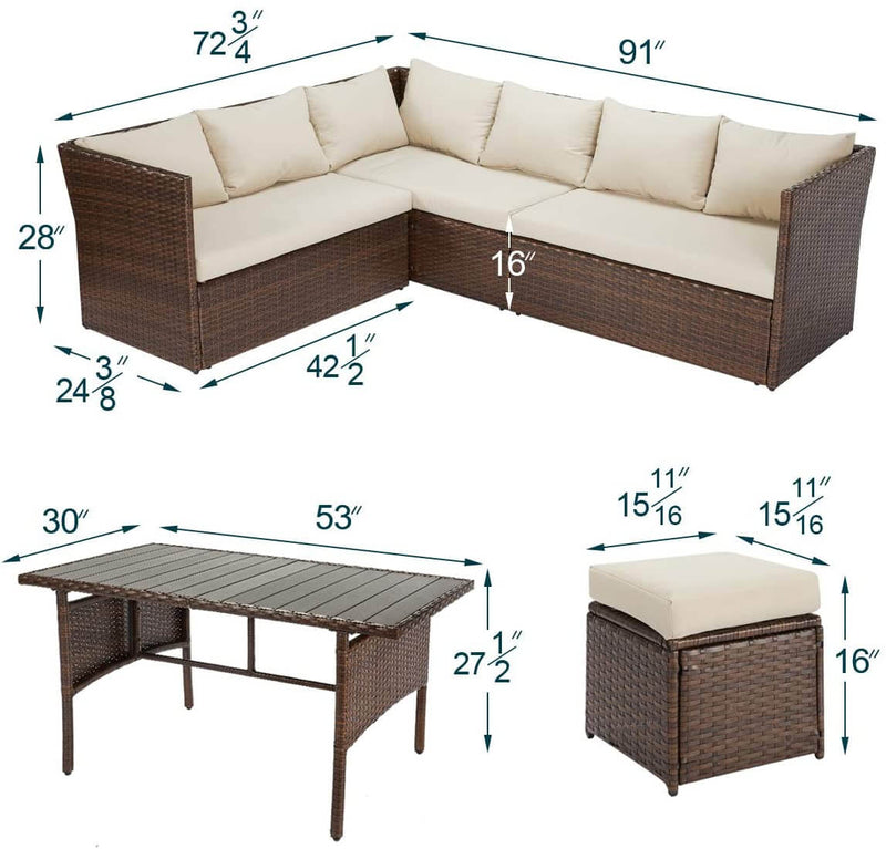 Outdoor Patio Sectional Furniture Set, 7 Pcs Outdoor Conversation Sets, Patio Dining Sets All Weather Wicker Sectional Sofa with Ottoman, Brown