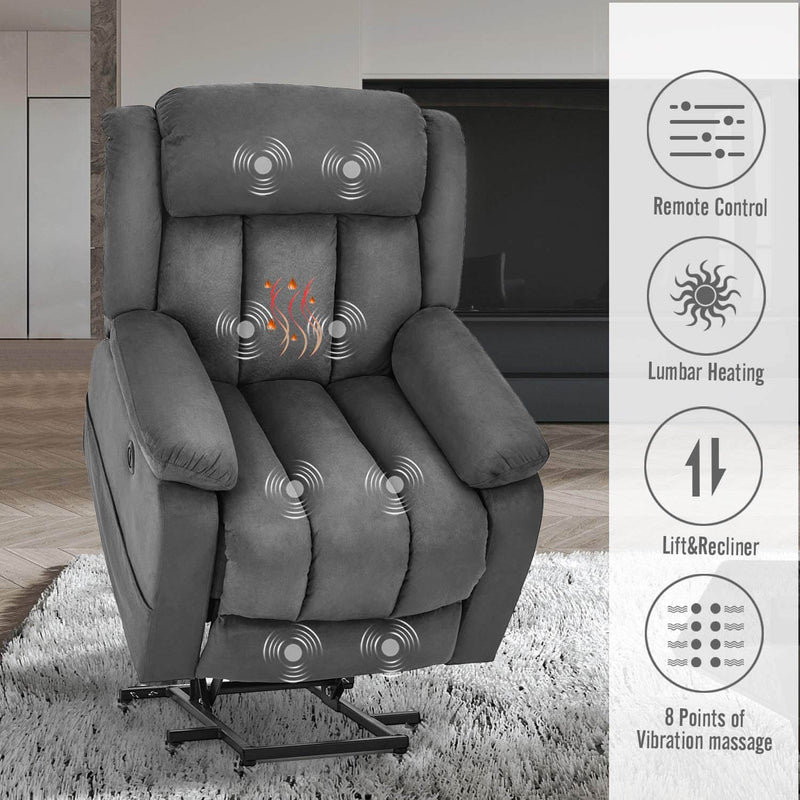 Gray Power Lift Chair Electric Recliner Sofa for Elderly, Microfiber Electric Recliner Chair with Heated Vibration Massage, Side Pocket and USB Port, Gray