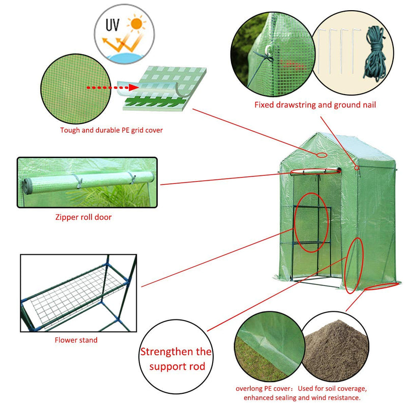 Walk-in Greenhouse,Indoor Outdoor Plant Gardening, 2 Tier 2 Shelves Hot House for Flowers, Plants and Vegetables 56"x 29" x 77" Green
