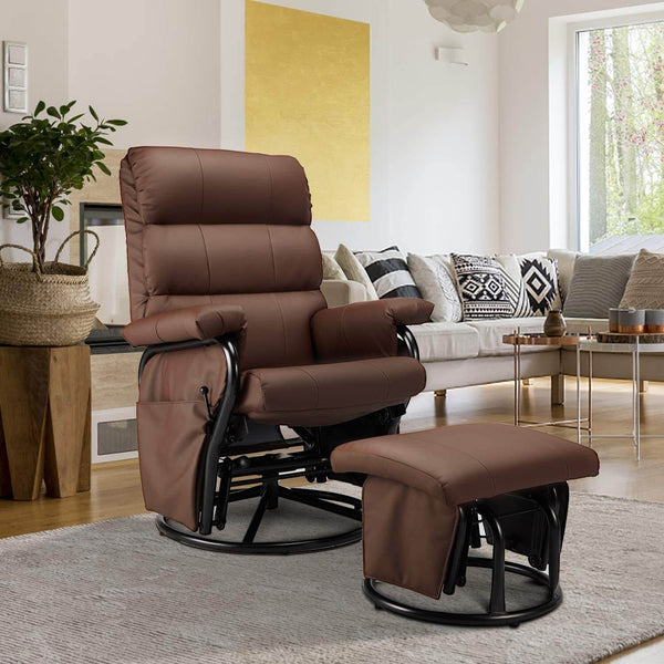 Glider Recliner with Ottoman, Swivel Glide Chair, Faux Leather Lounge Recliner with Footrest, Vibration Massage Lounge Chair with Side Pocket, Brown