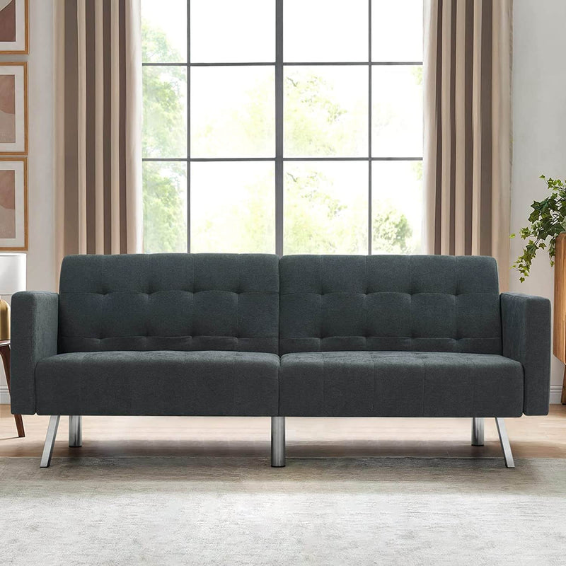 Convertible Futon Sofa Bed w/ Adjustable Backrest, Chenille Fabric Sleeper Couch Split-Back Folding Loveseat, Dark Grey