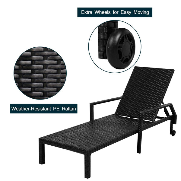 Adjustable Outdoor Chaise Lounge Chair Rattan Wicker Patio Lounge Chair Set of 2 with Cushion and Wheels,Black