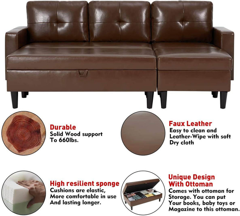 Small Faux Leather Sectional Sofa with Storage Ottoman and Chaise Lounge, 3-Seat Living Room Furniture Sets for Small Apartment, Dark Brown