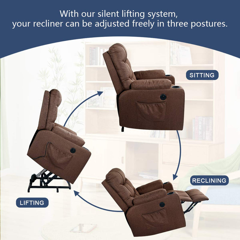 Power Lift Chair Electric Recliner for Elderly Heated Vibration Fabric Sofa Motorized Living Room Chair with Side Pocket and Cup Holders, Brown