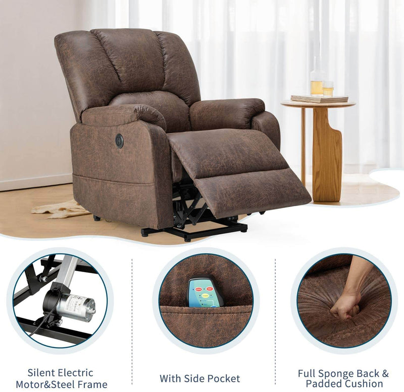 Electric Power Lift Recliner Chair Sofa with Massage and Heat for Elderly, Faux Leather Recliner Chair with Side Pockets & USB Port, Nut Brown