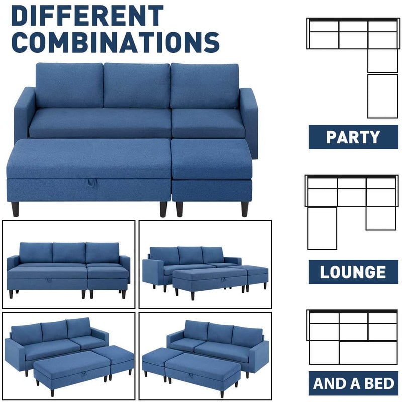Sectional Sofa with Ottoman and Chaise Lounge, 3-Seat Living Room Furniture Sets, L-Shape Couch Sofa for Living Room, Blue