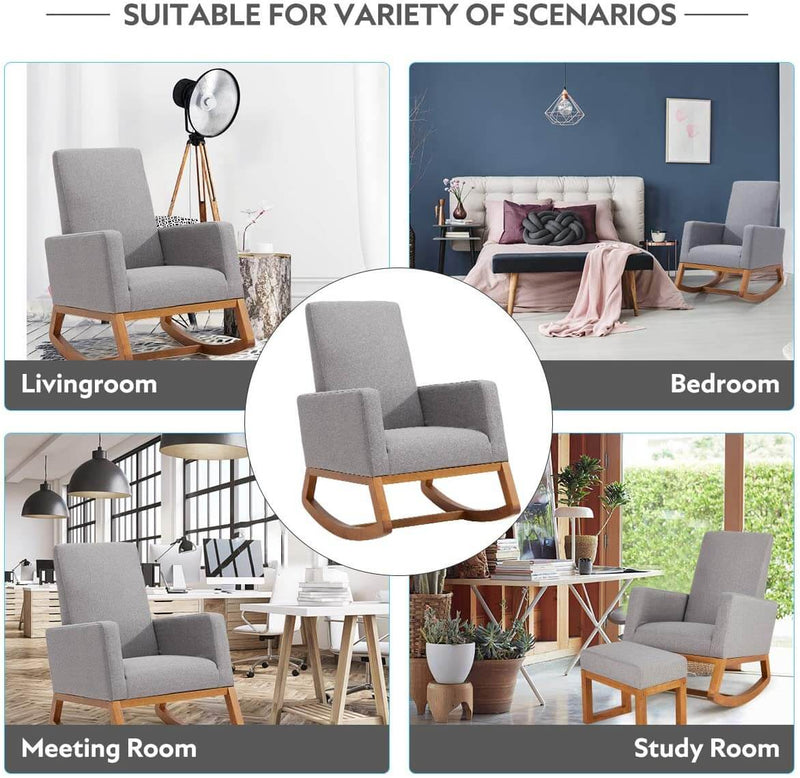 Rocking Chair Mid Century Accent Chair Glider Rocker, Seat Wood Base, High Back Linen Armchair, Gray