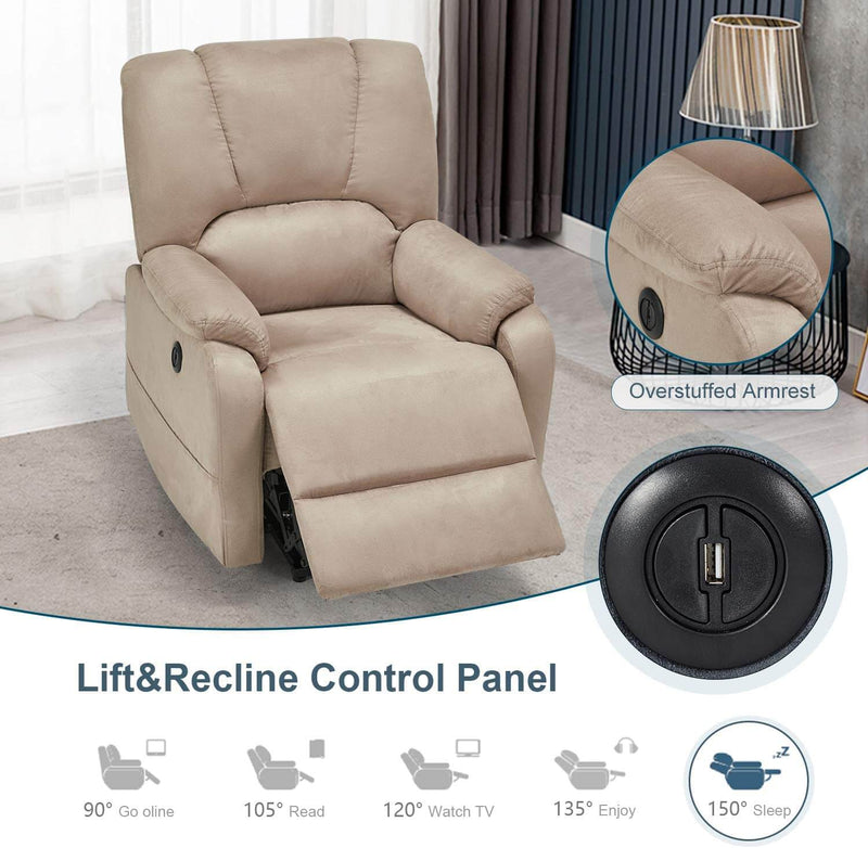 Electric Power Lift Recliner Chair Sofa with Massage and Heat for Elderly, Microfiber Recliner Chair with Side Pockets & USB Port, Beige