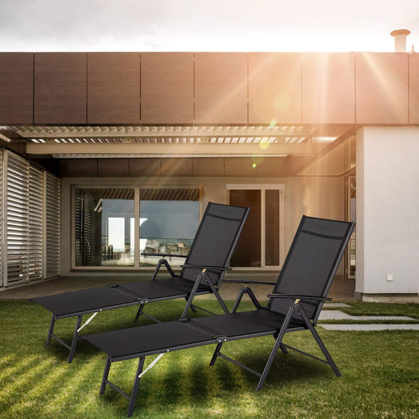 Outdoor Folding Textiline Reclining Chaise Lounge Chair Adjustable Positions (Black)