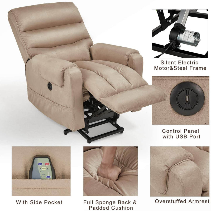 Electric Power Lift Recliner Chair Recliner Sofa for Elderly, Microfiber Recliner Chair with Heated Vibration Massage, 2 Side Pockets and USB Ports, Beige