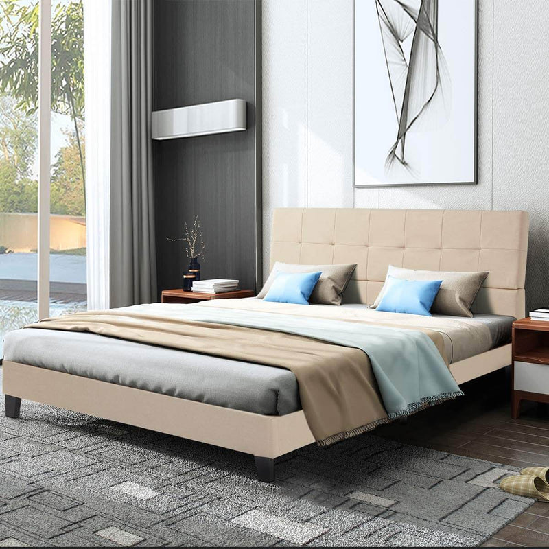Platform Bed Frame, Queen Size Linen Fabric Bed Frame with Wood Slats Support, Upholstered Platform Bed Mattress Foundation,Easy Assembly (Queen Size/Beige)