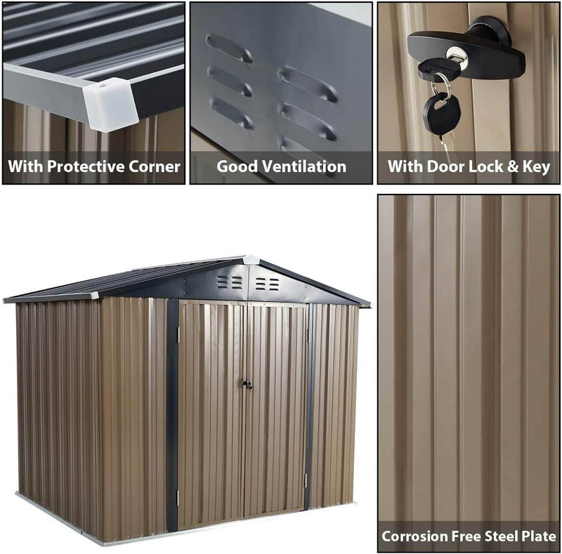 8' x 6' Outdoor Metal Storage Shed, Steel Garden Backyard Sheds with Double Door & Lock, Utility Tool Storage, Gray and Black